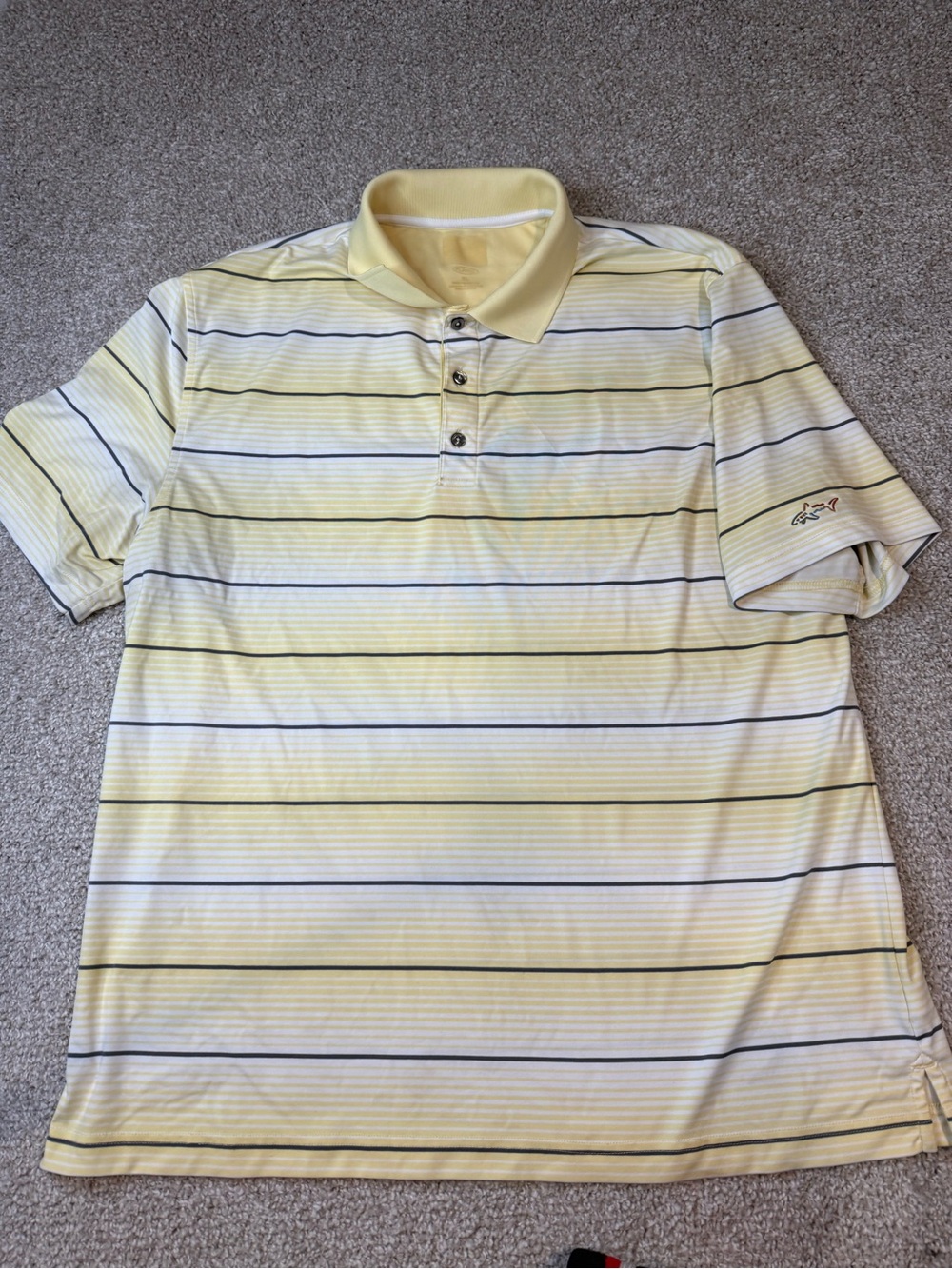Greg Norman Men's Pale Yellow Polo with grey and White Stripes